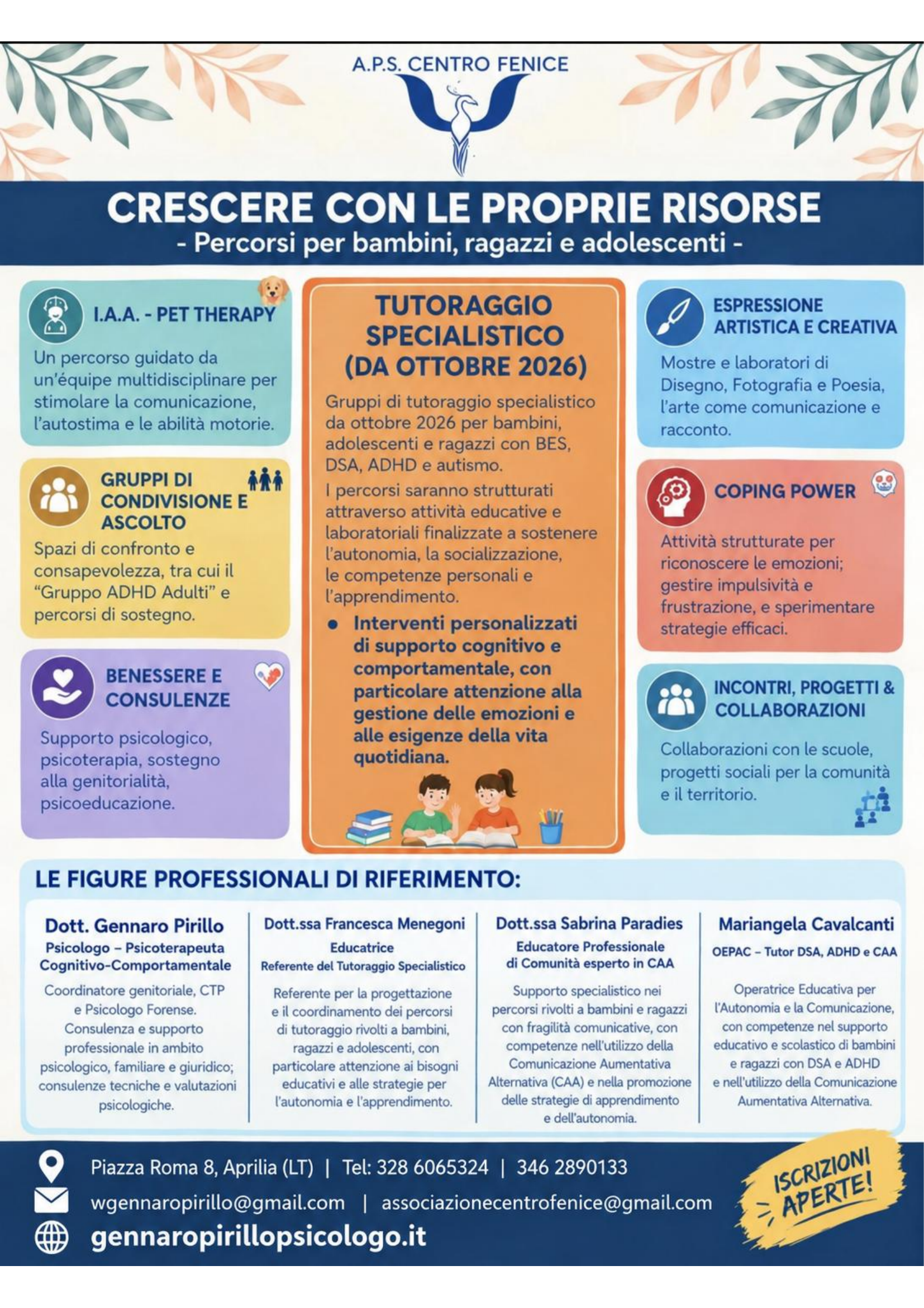 Locandina delle attività del Centro Fenice per bambini, ragazzi e adolescenti, con tutoraggio e recapiti